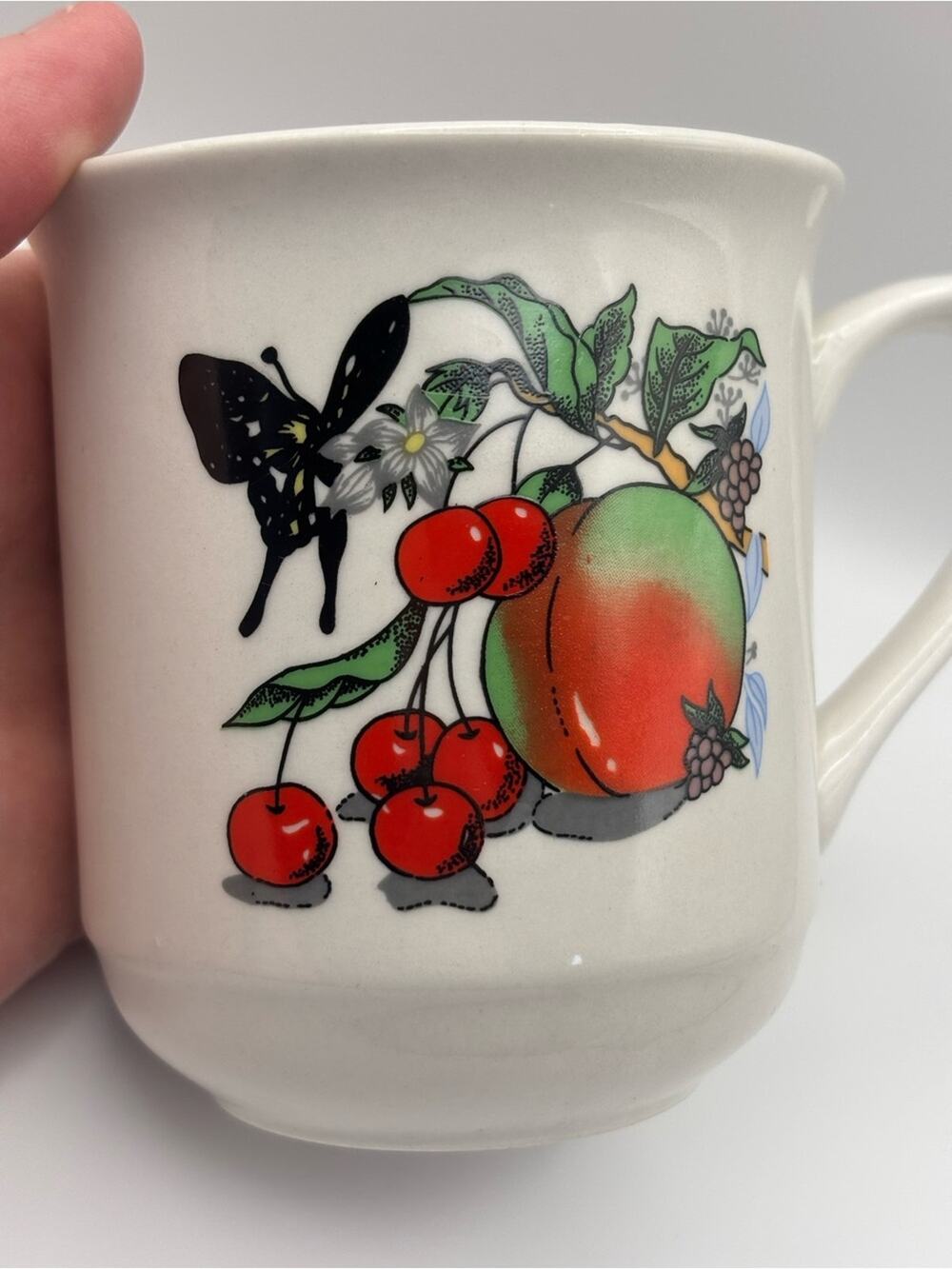Vintage Porcelain Mug, Cherry Peach Butterfly Print, Glazed Coffee Cup